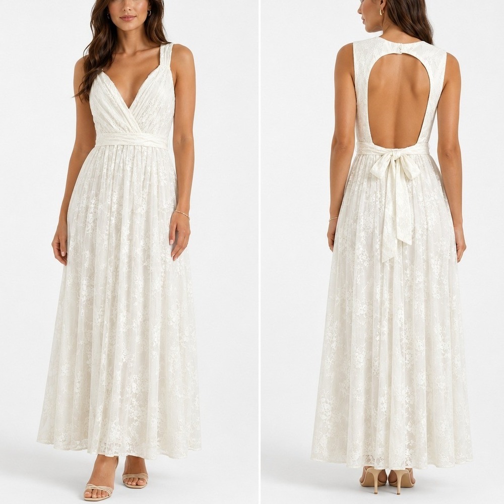 Lulus Ivory Lace Maxi Dress S Open Back Bridal Wedding Rehearsal Formal